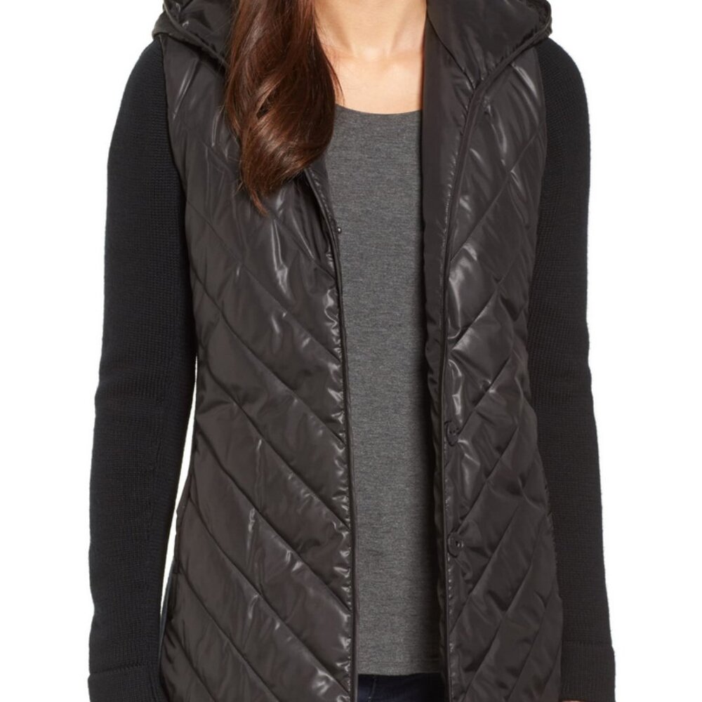 Eileen Fisher Black Hooded Merino Wool with Puffer Jacket, Black, XS
